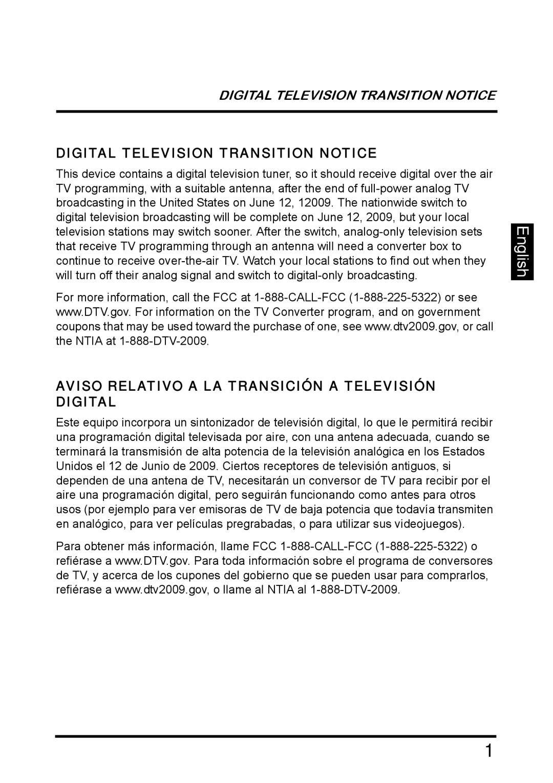 Westinghouse SK-26H640G manual Digital Television Transition Notice, Aviso Relativo a LA Transición a Televisión Digital 