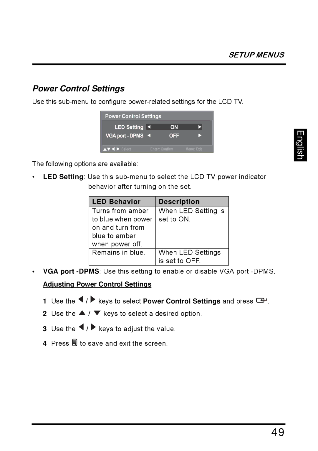 Westinghouse SK-26H640G manual Adjusting Power Control Settings 