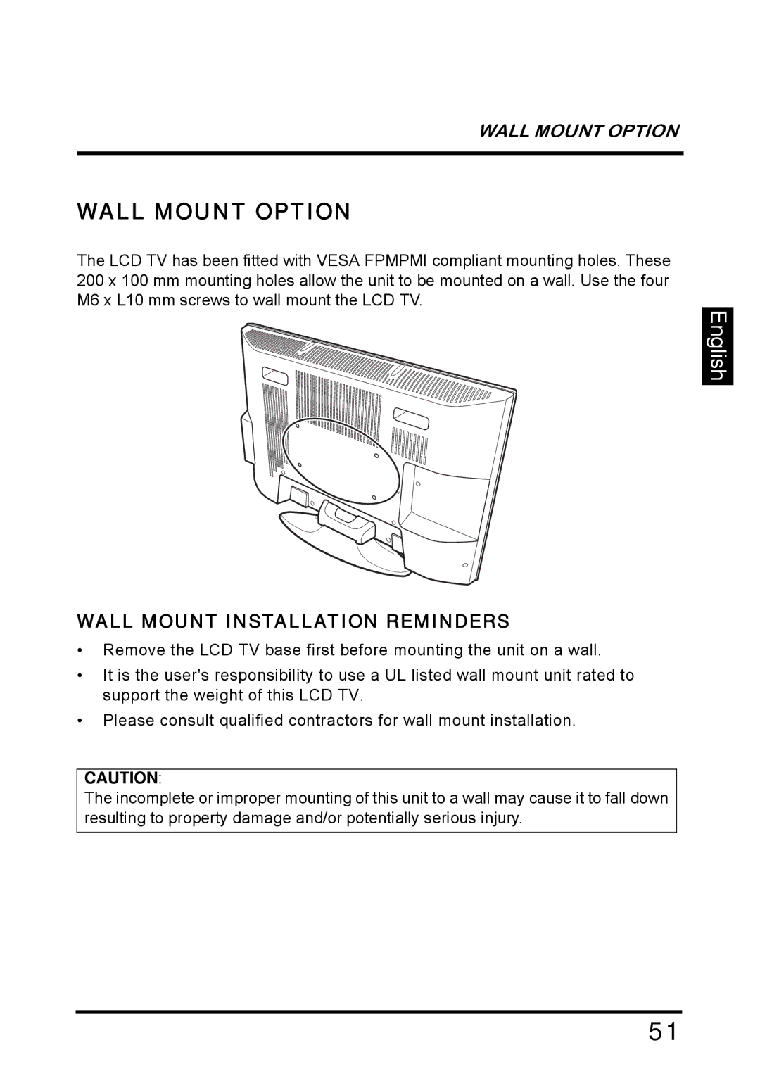 Westinghouse SK-26H640G manual Wall Mount Option, Wall Mount Installation Reminders 