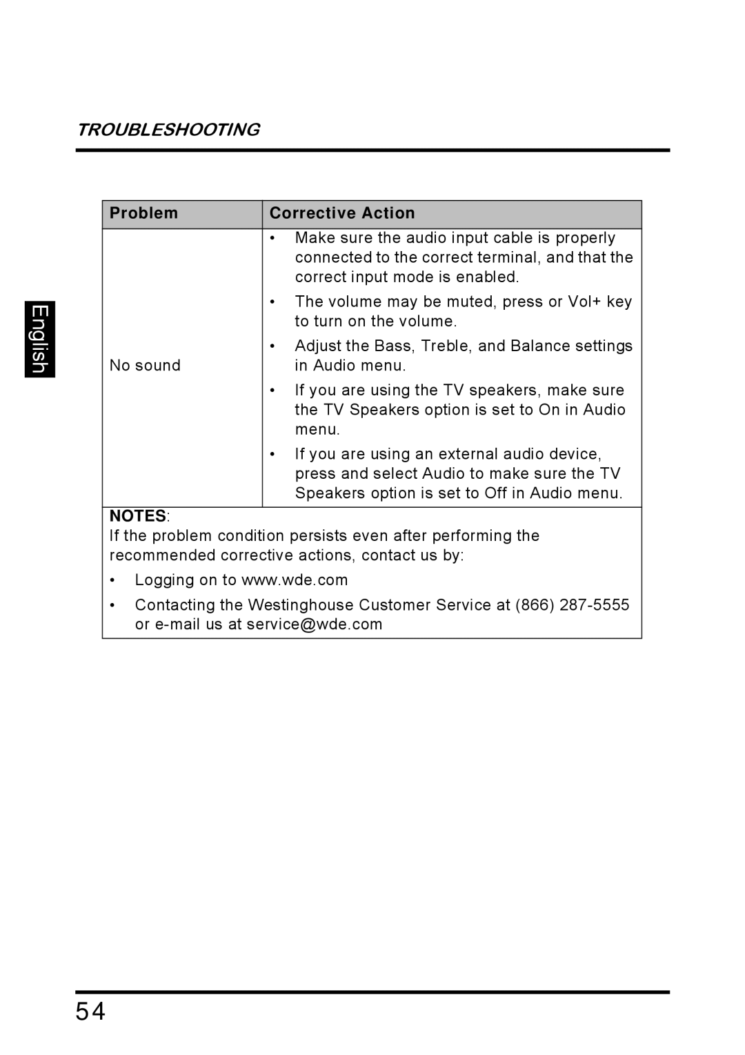 Westinghouse SK-26H640G manual Make sure the audio input cable is properly 