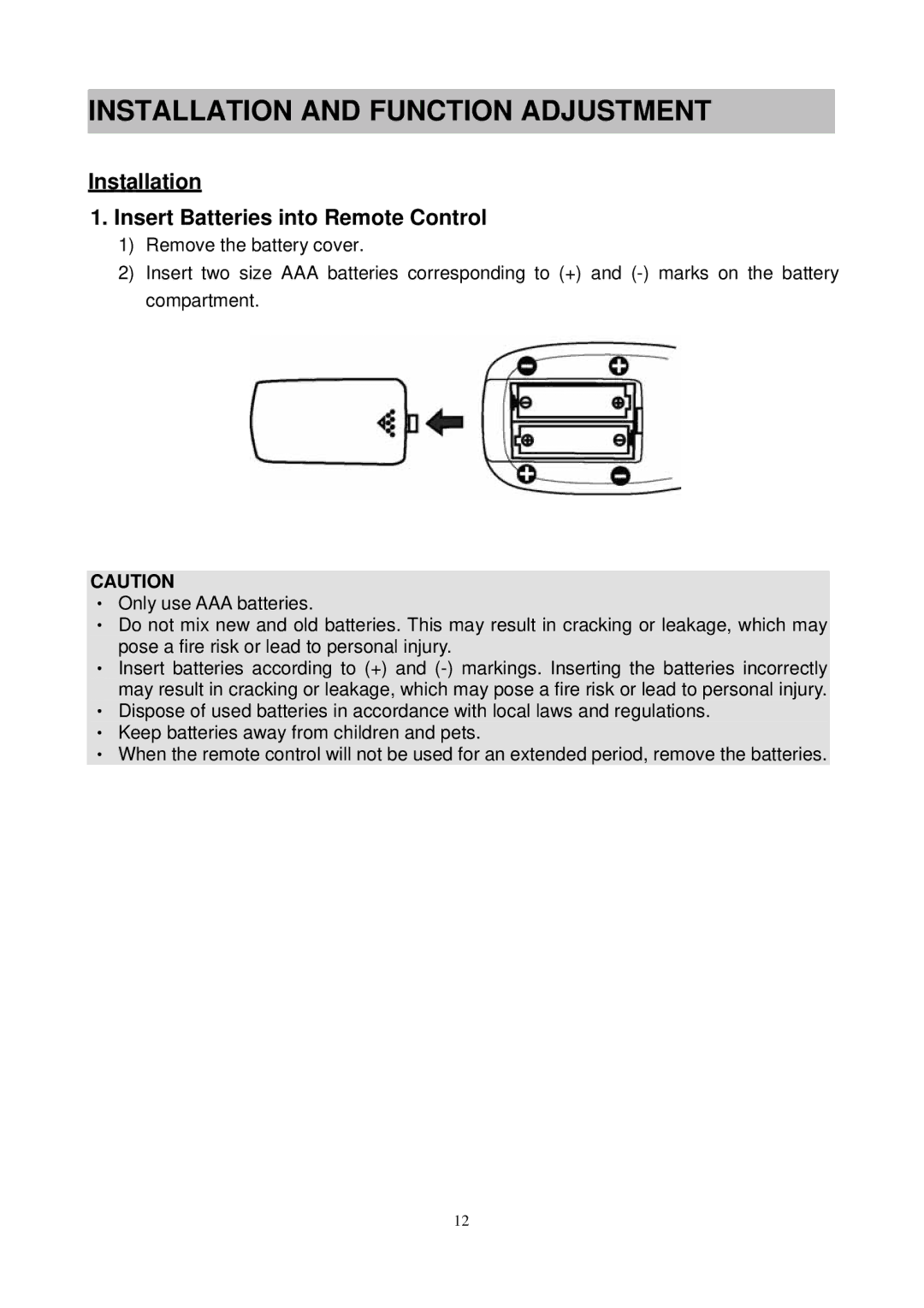 Westinghouse SK-26H540S manual Installation and Function Adjustment, Installation Insert Batteries into Remote Control 