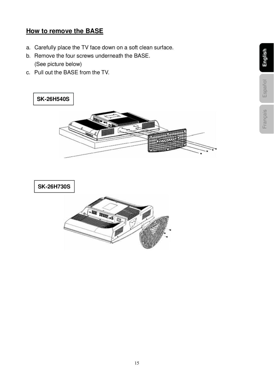 Westinghouse manual How to remove the Base, SK-26H540S SK-26H730S 