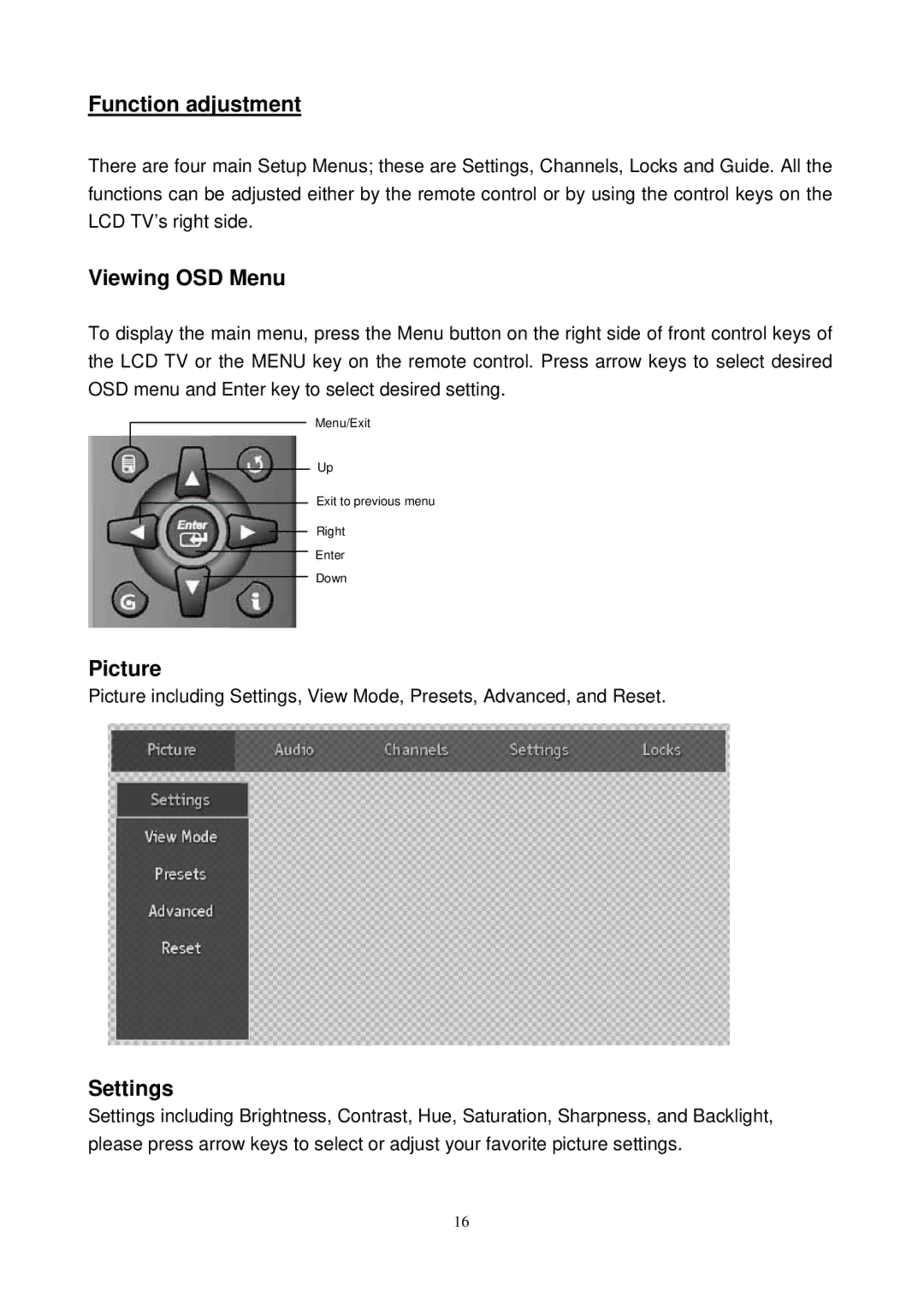 Westinghouse SK-26H540S, SK-26H730S manual Function adjustment, Viewing OSD Menu, Picture, Settings 