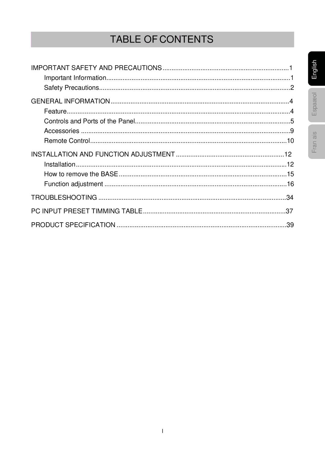 Westinghouse SK-26H730S, SK-26H540S manual Table of Contents 