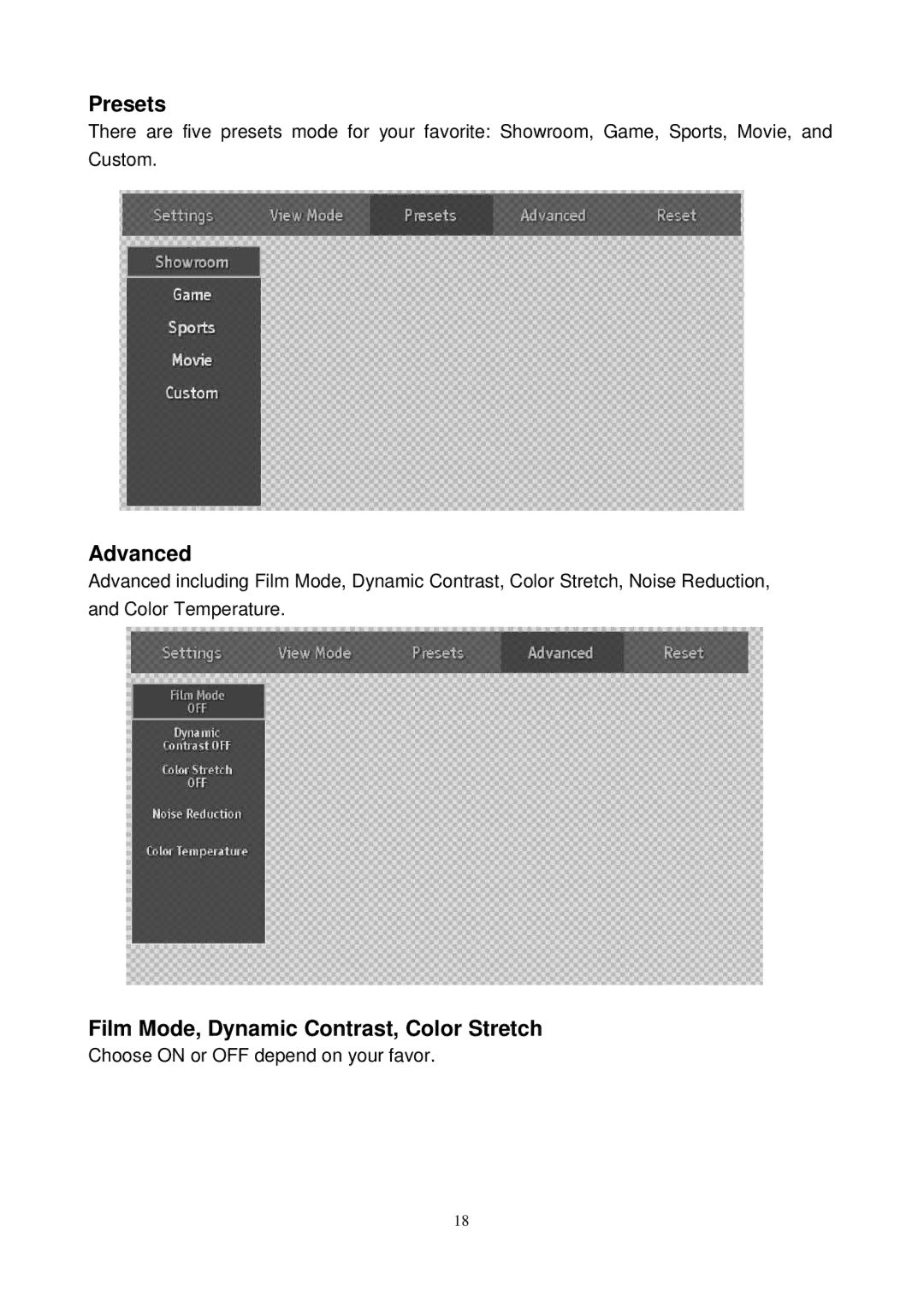 Westinghouse SK-26H540S, SK-26H730S manual Presets, Advanced, Film Mode, Dynamic Contrast, Color Stretch 