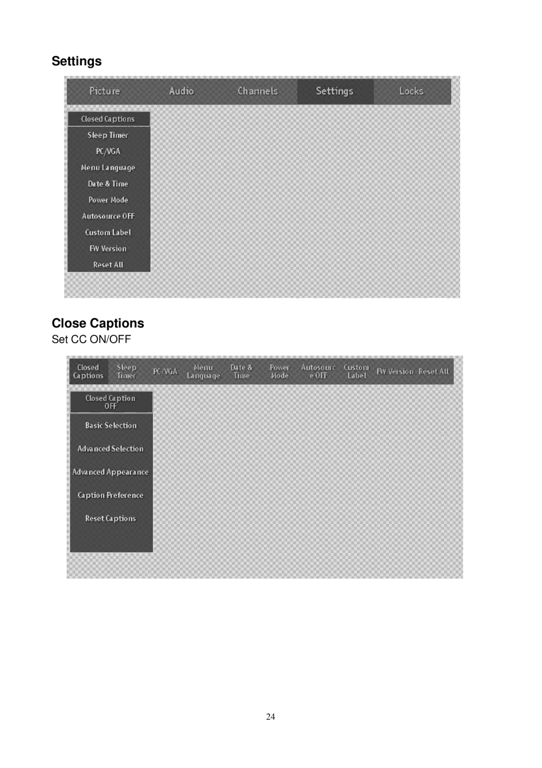 Westinghouse SK-26H540S, SK-26H730S manual Settings Close Captions 