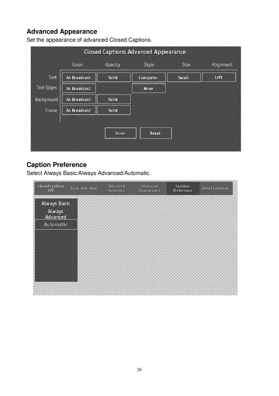 Westinghouse SK-26H540S, SK-26H730S manual Advanced Appearance, Caption Preference 