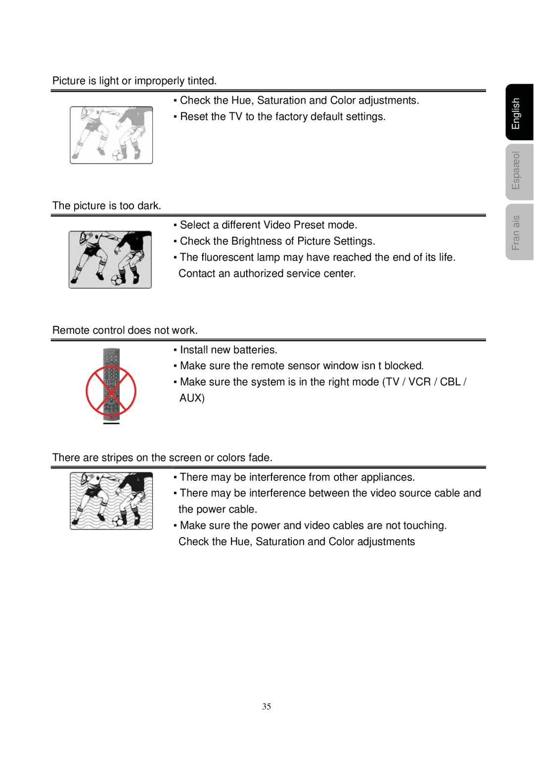 Westinghouse SK-26H730S manual Picture is light or improperly tinted, Picture is too dark, Remote control does not work 