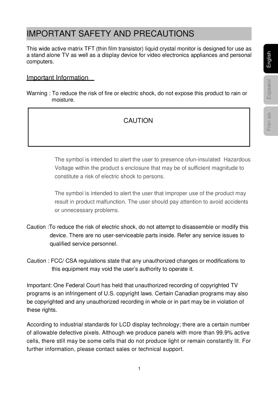 Westinghouse SK-26H730S, SK-26H540S manual Important Safety and Precautions, Important Information 