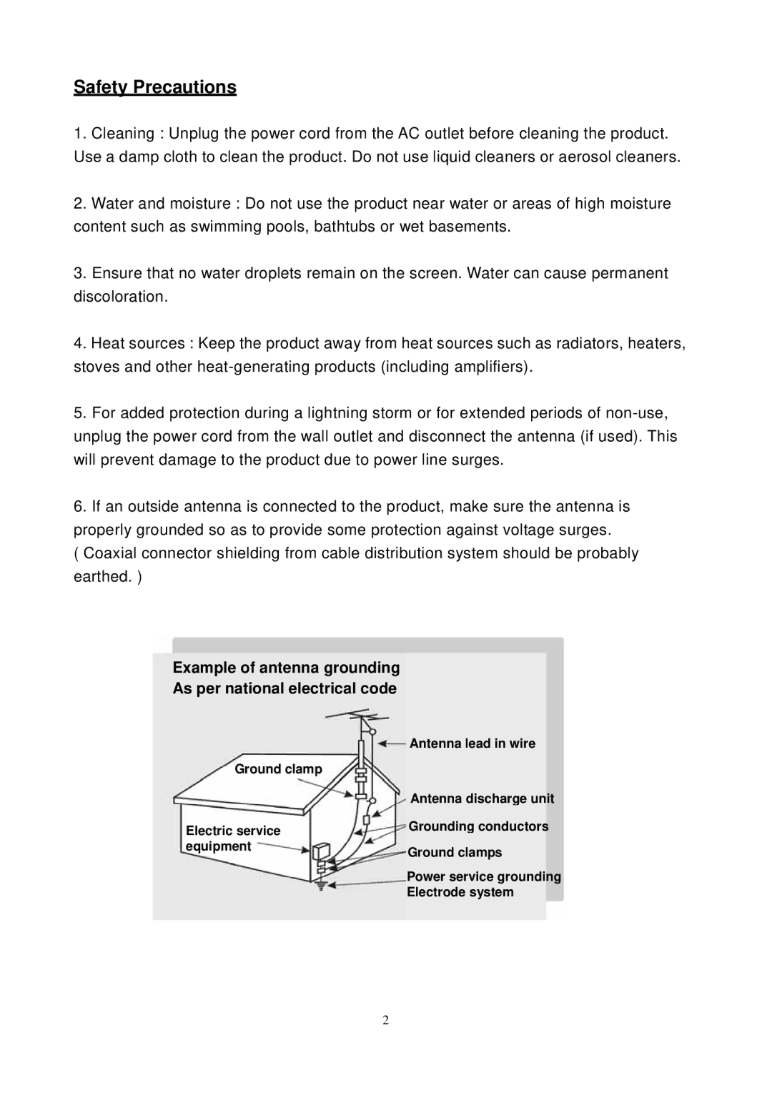 Westinghouse SK-26H540S, SK-26H730S manual Safety Precautions, Example of antenna grounding As per national electrical code 