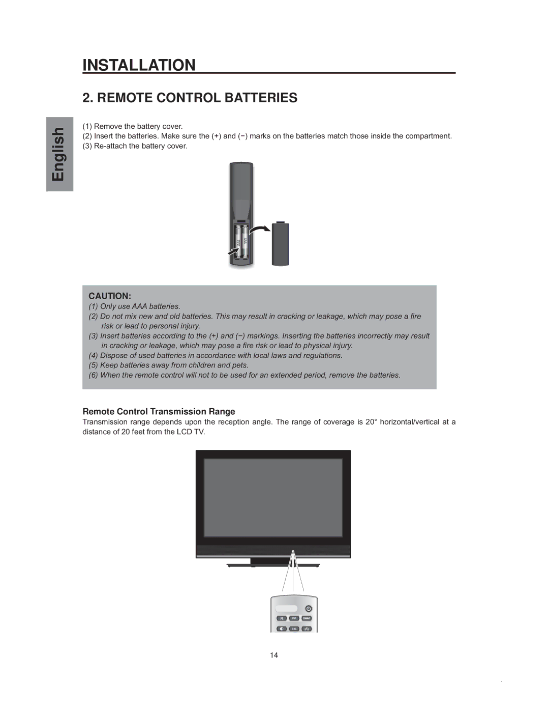 Westinghouse sk-32h540s manual Remote Control Batteries, Remote Control Transmission Range, 5HPRYHWKHEDWWHU\FRYHU 