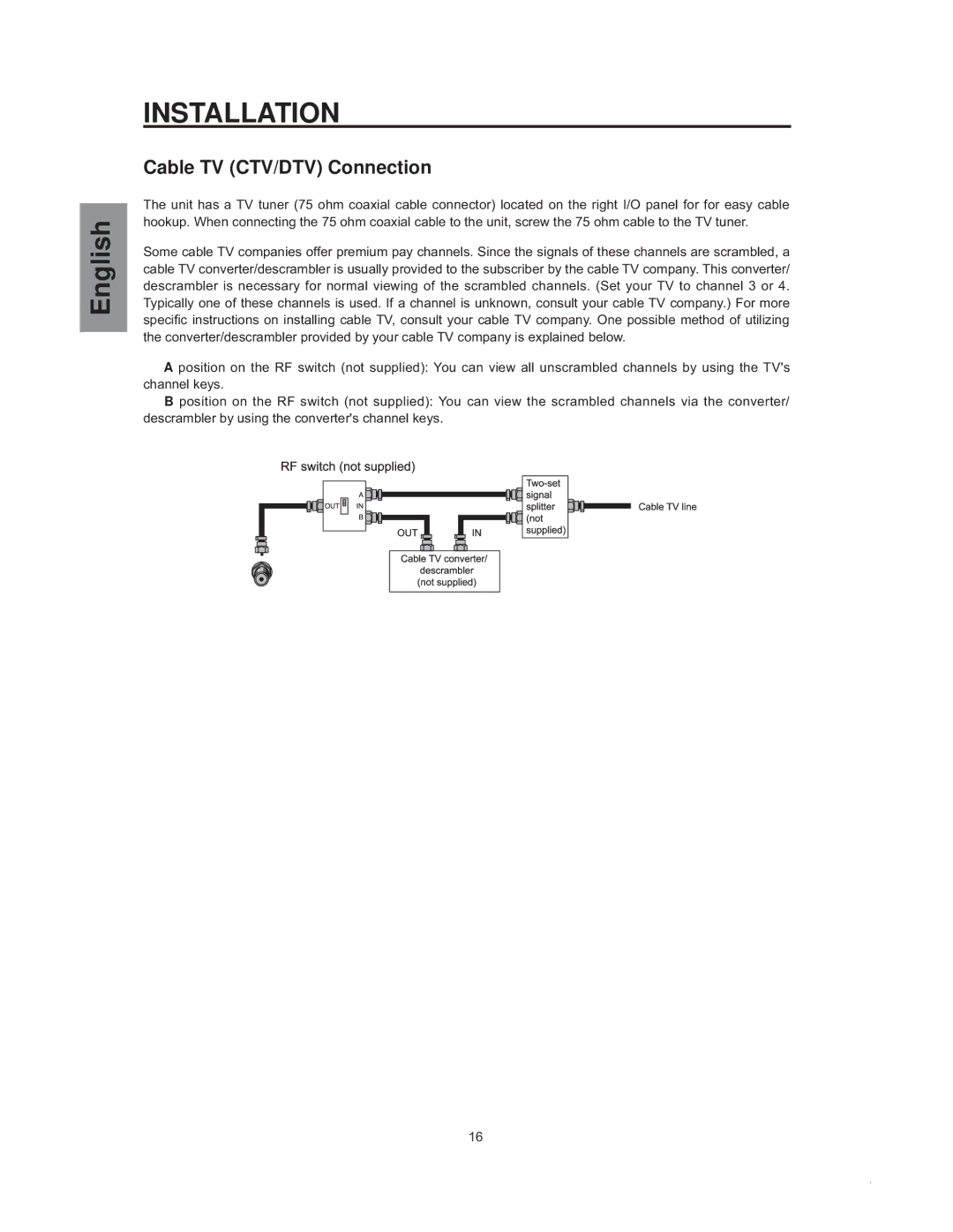 Westinghouse sk-32h540s manual Cable TV CTV/DTV Connection 