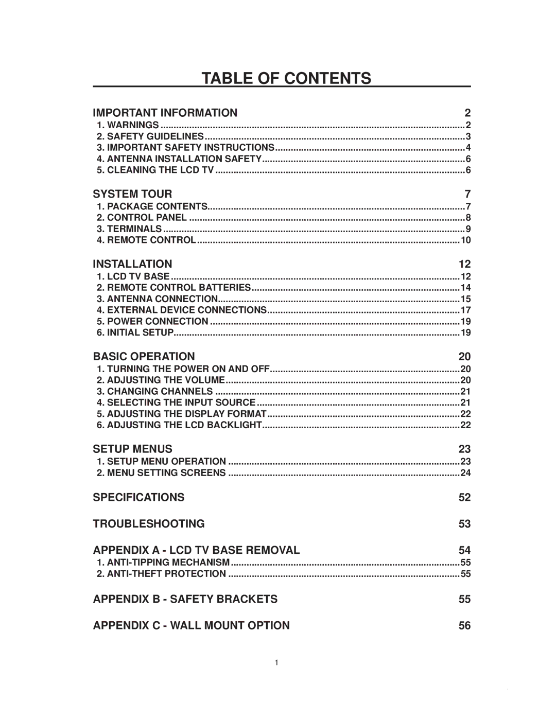 Westinghouse sk-32h540s manual Table of Contents 