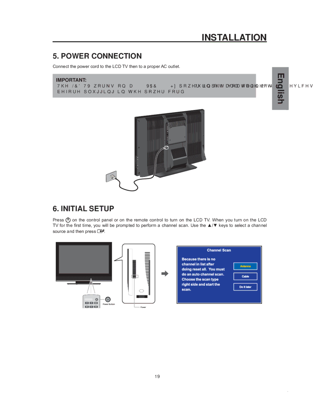 Westinghouse sk-32h540s manual Power Connection, Initial Setup 