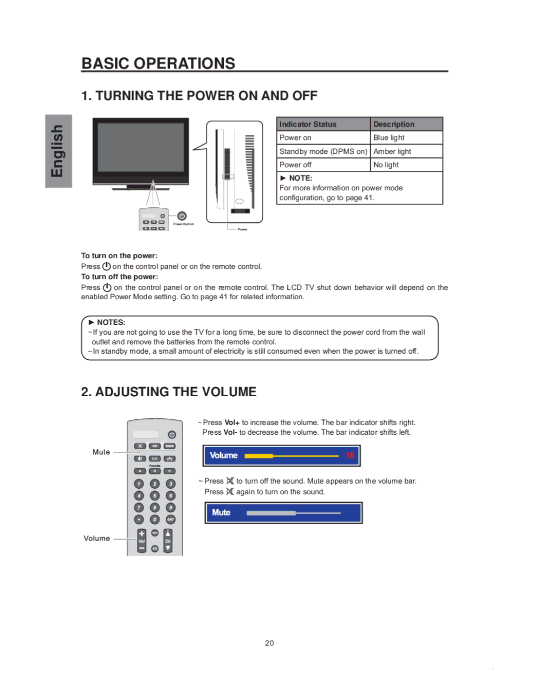 Westinghouse sk-32h540s manual Basic Operations, Turning the Power on and OFF, Adjusting the Volume, ŹNotes 