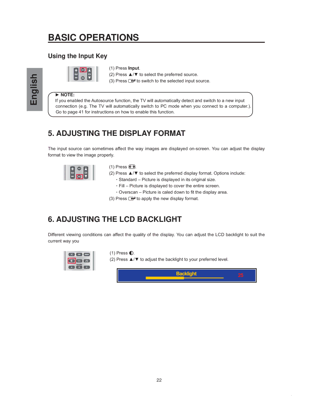 Westinghouse sk-32h540s manual Adjusting the Display Format, Adjusting the LCD Backlight, ŹNote 