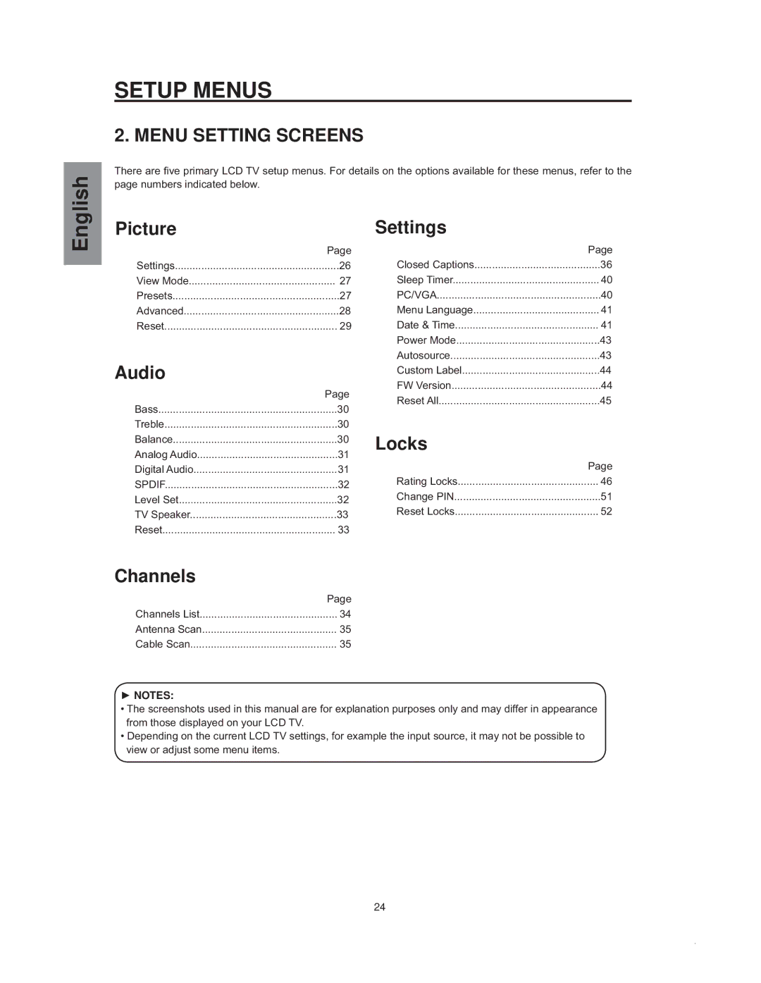 Westinghouse sk-32h540s manual Menu Setting Screens, Notes 