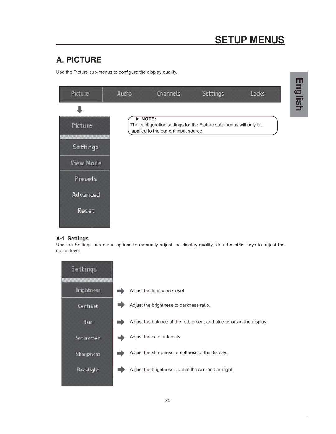 Westinghouse sk-32h540s manual Picture, Settings, 8VHWKH3LFWXUHVXEPHQXVWRFRQ¿JXUHWKHGLVSOD\TXDOLW\ 