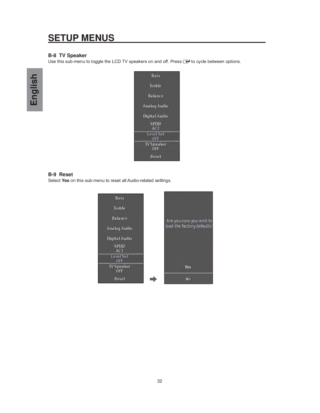 Westinghouse sk-32h540s manual TV Speaker, Reset 