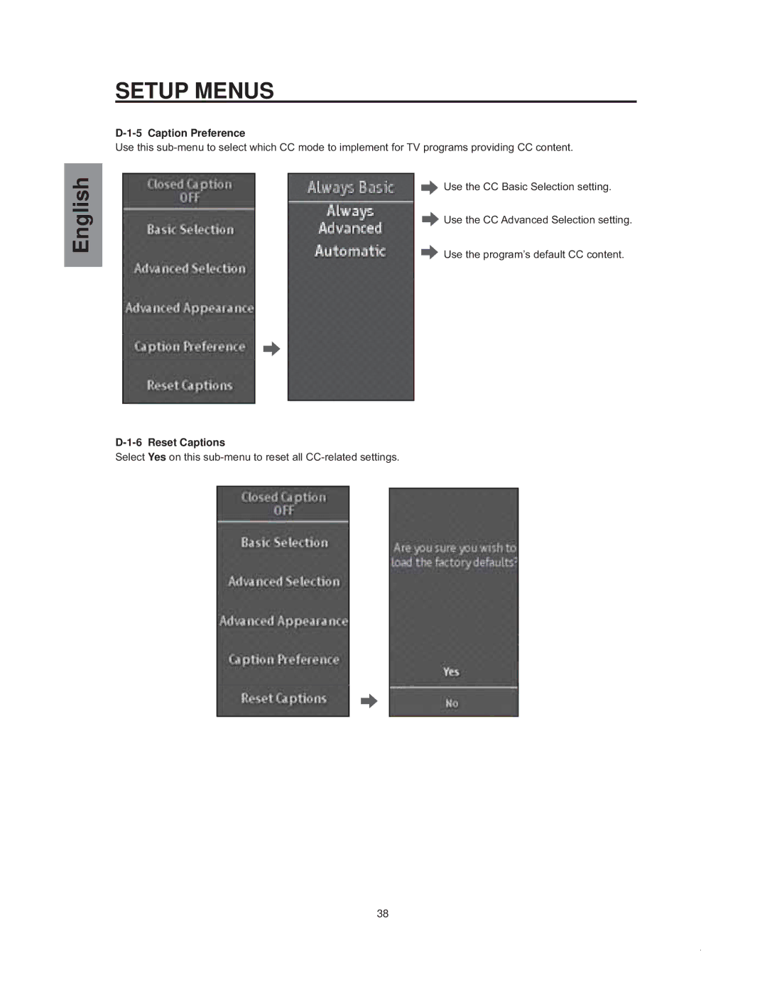 Westinghouse sk-32h540s manual Caption Preference, Reset Captions 