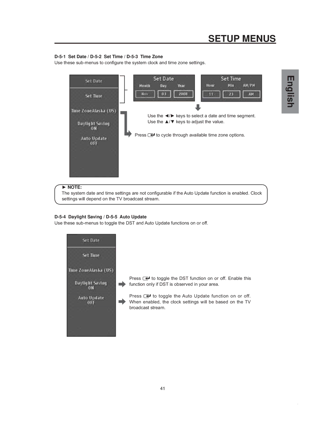Westinghouse sk-32h540s manual Set Date / D-5-2 Set Time / D-5-3 Time Zone, Daylight Saving / D-5-5 Auto Update 