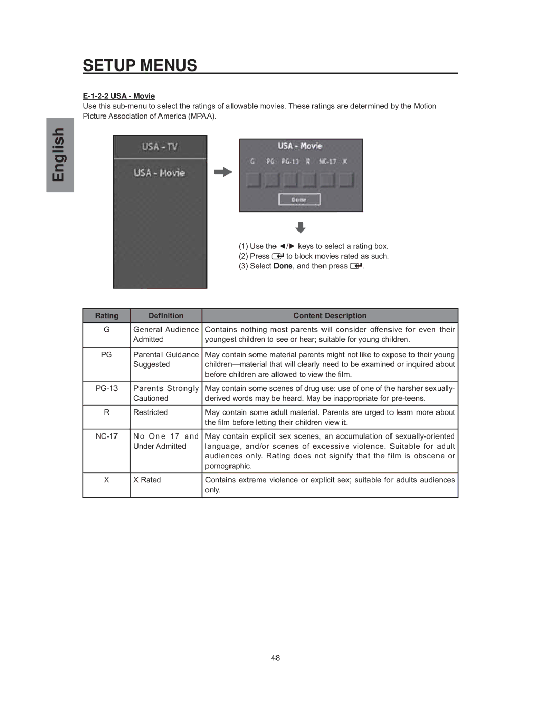 Westinghouse sk-32h540s manual USA Movie, Rating, ¿Qlwlrq 