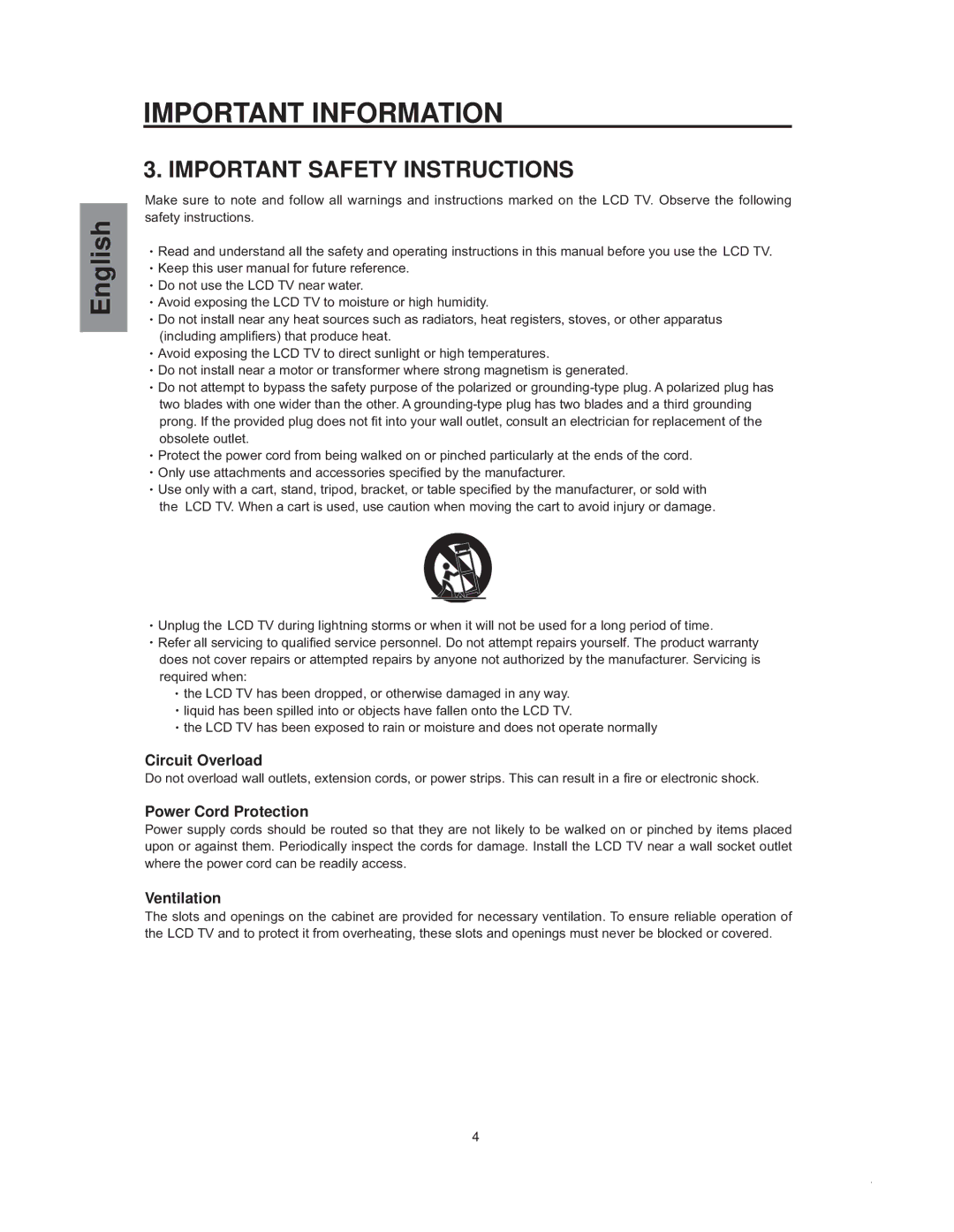 Westinghouse sk-32h540s manual Important Safety Instructions, Circuit Overload, Power Cord Protection, Ventilation 