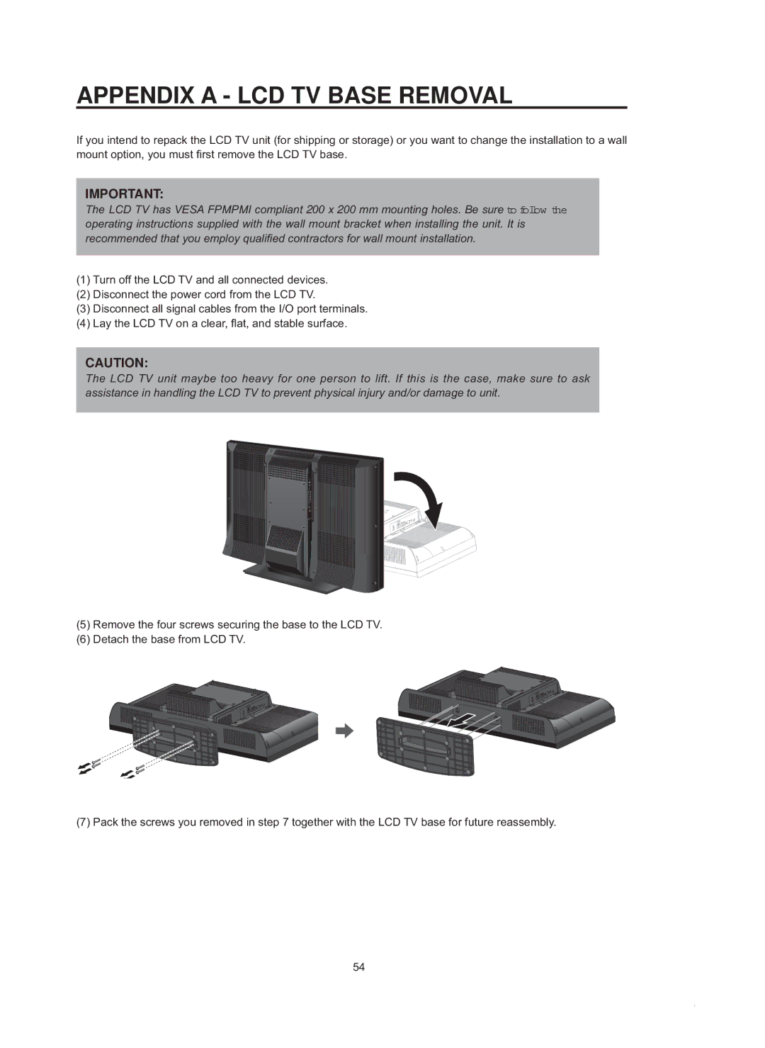 Westinghouse sk-32h540s manual Appendix a LCD TV Base Removal, PRXQWRSWLRQ\RXPXVW¿UVWUHPRYHWKH/&79EDVH 