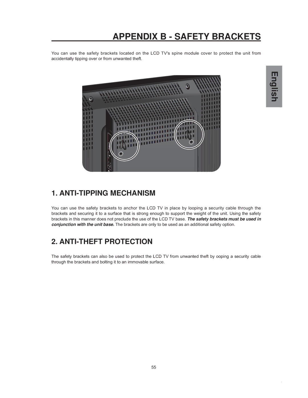 Westinghouse sk-32h540s manual Appendix B Safety Brackets, ANTI-TIPPING Mechanism, ANTI-THEFT Protection 