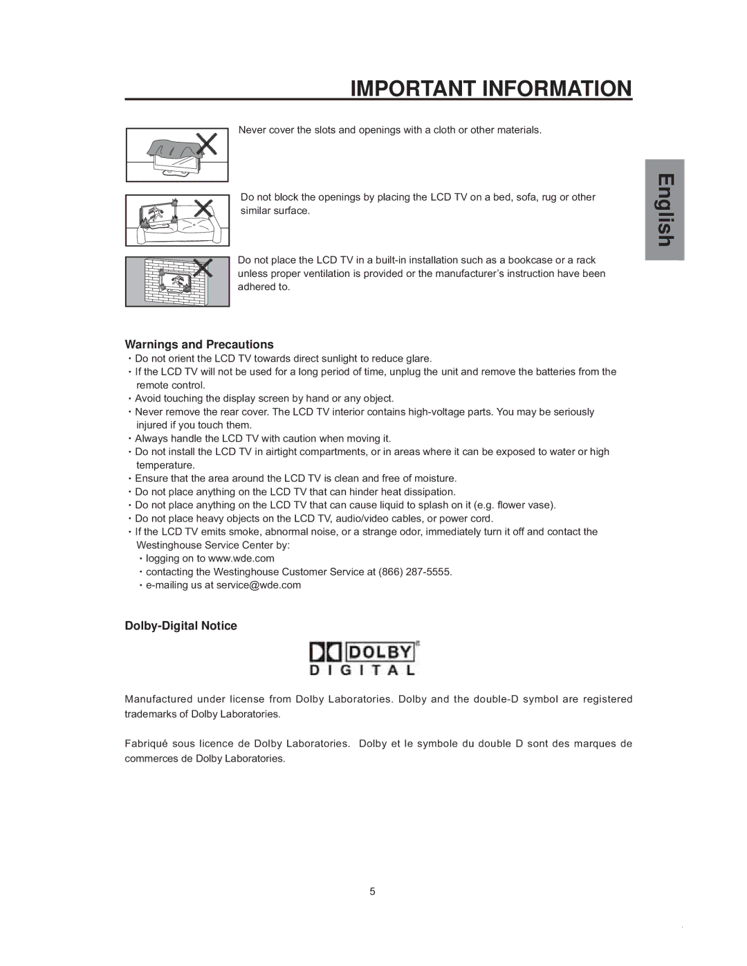 Westinghouse sk-32h540s manual Dolby-Digital Notice, VlploduVxuidfh, Whpshudwxuh 