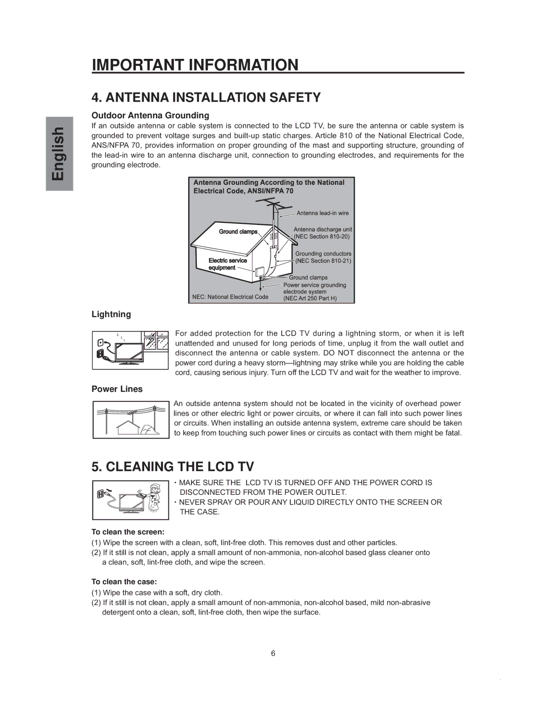 Westinghouse sk-32h540s manual Antenna Installation Safety, Cleaning the LCD TV, Outdoor Antenna Grounding, Lightning 