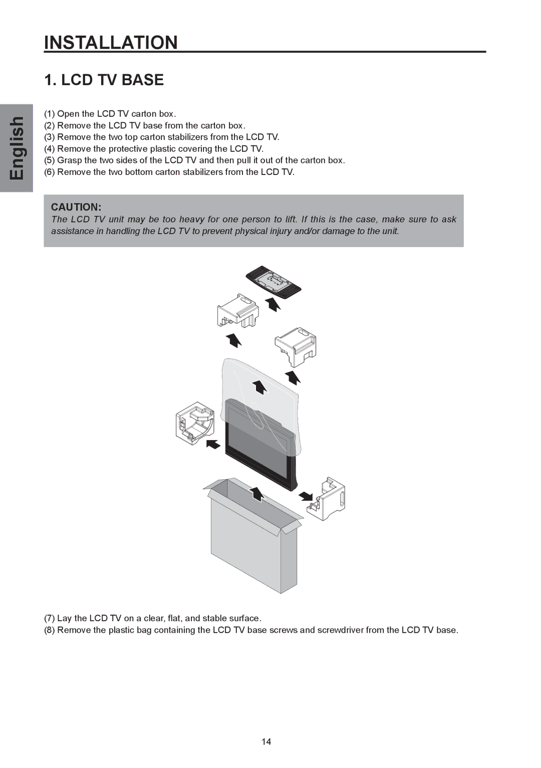 Westinghouse SK-32H570D, SK-26H570D user manual Installation, LCD TV Base 