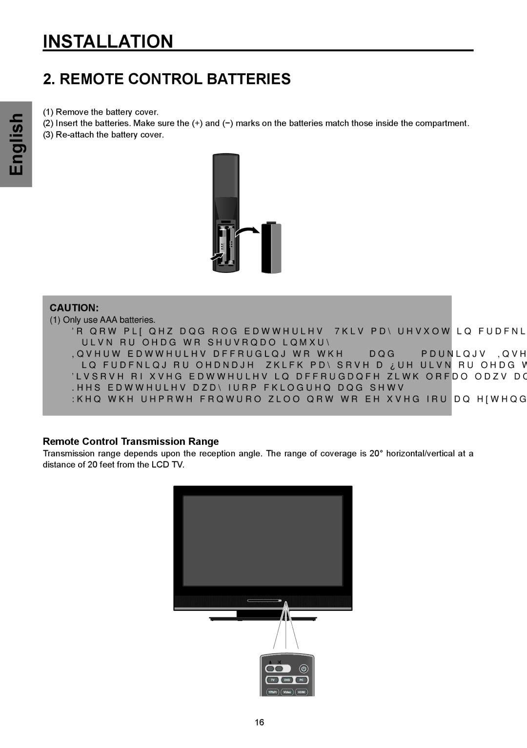 Westinghouse SK-32H570D, SK-26H570D user manual Remote Control Batteries, Remote Control Transmission Range 