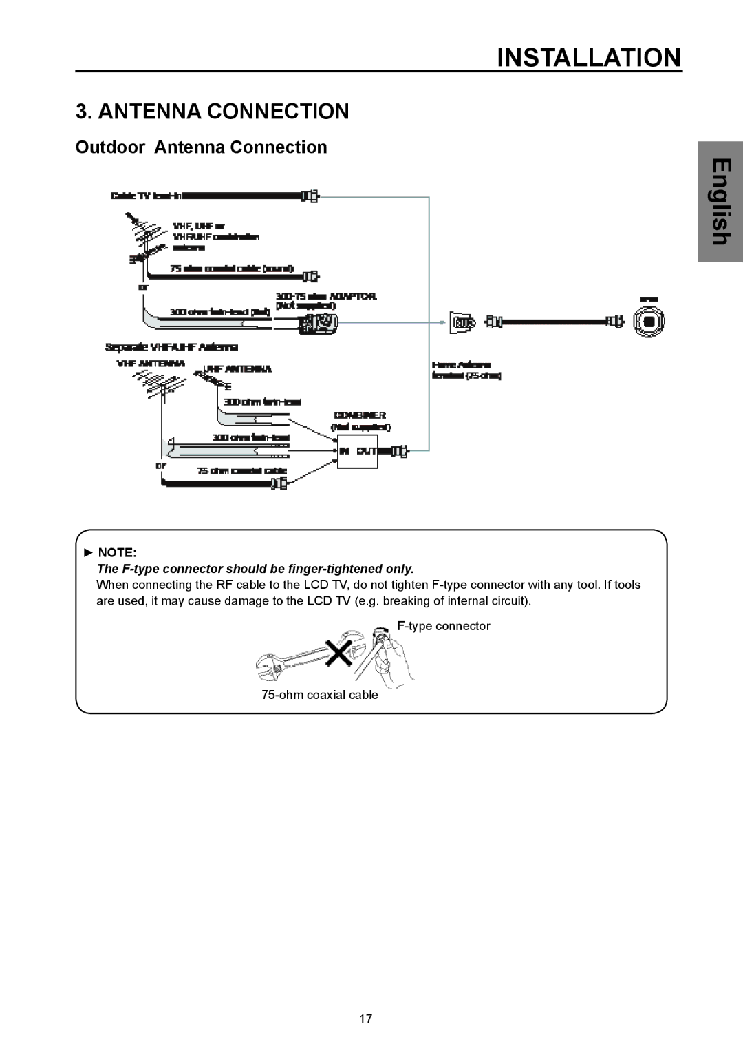 Westinghouse SK-26H570D, SK-32H570D user manual Antenna Connection, F-type connector should be finger-tightened only 