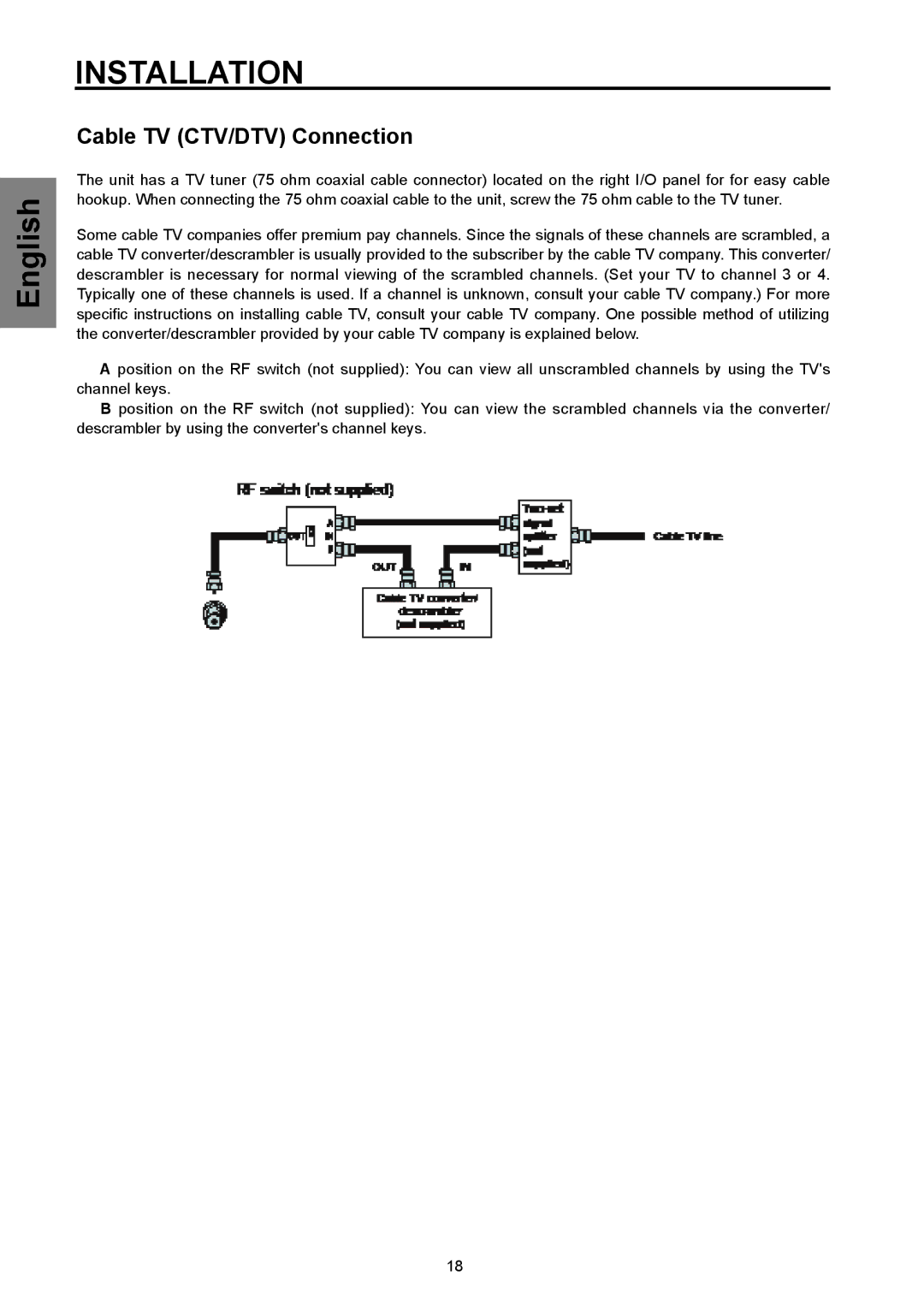 Westinghouse SK-32H570D, SK-26H570D user manual Cable TV CTV/DTV Connection 