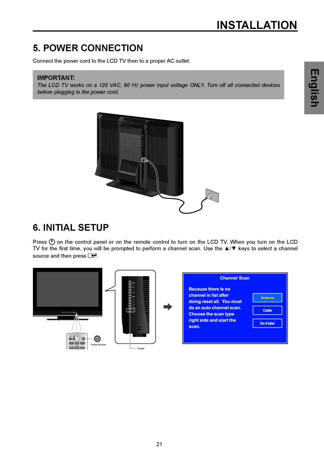 Westinghouse SK-26H570D, SK-32H570D user manual Power Connection, Initial Setup 