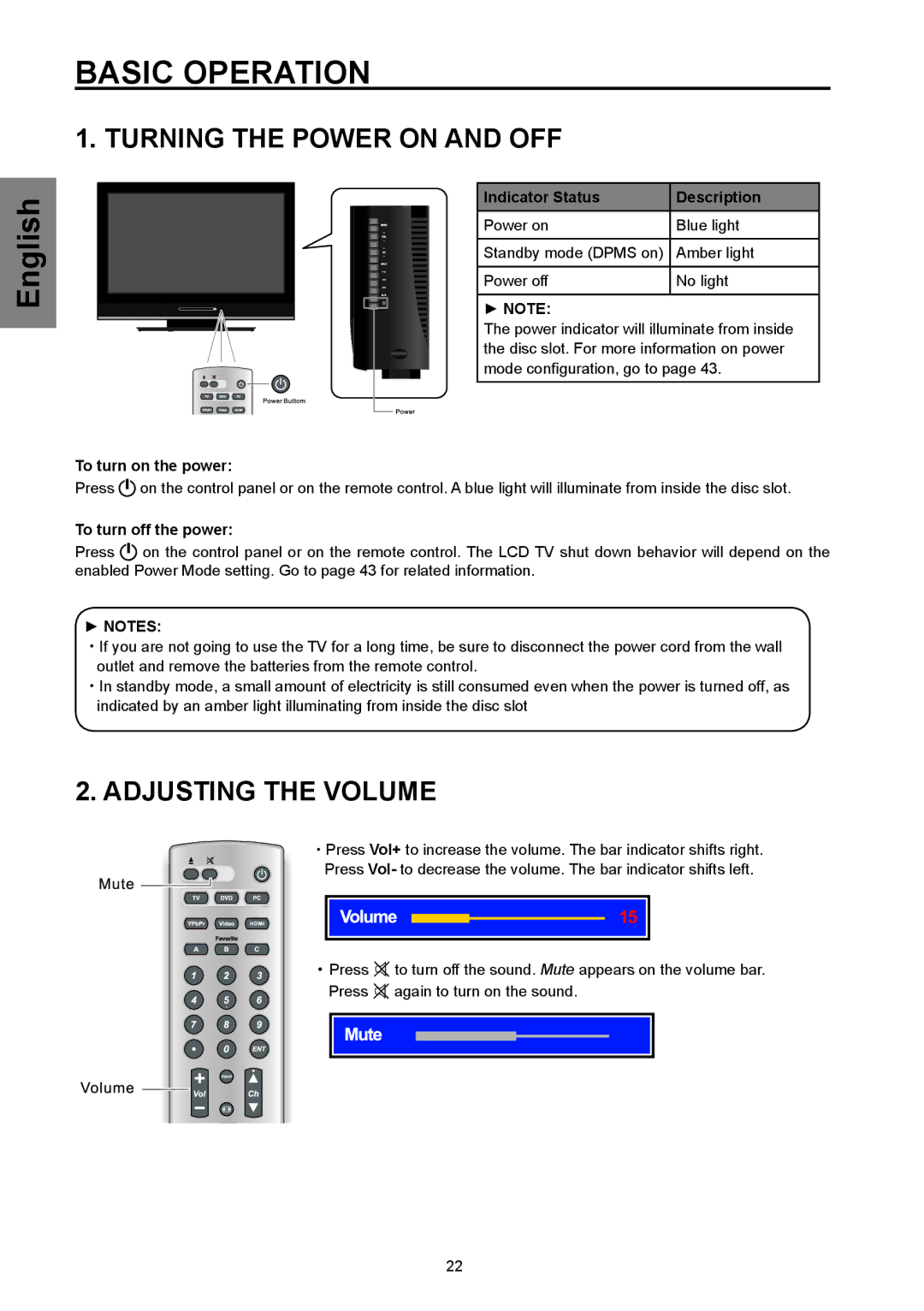 Westinghouse SK-32H570D, SK-26H570D user manual Basic Operation, Turning the Power on and OFF, Adjusting the Volume 