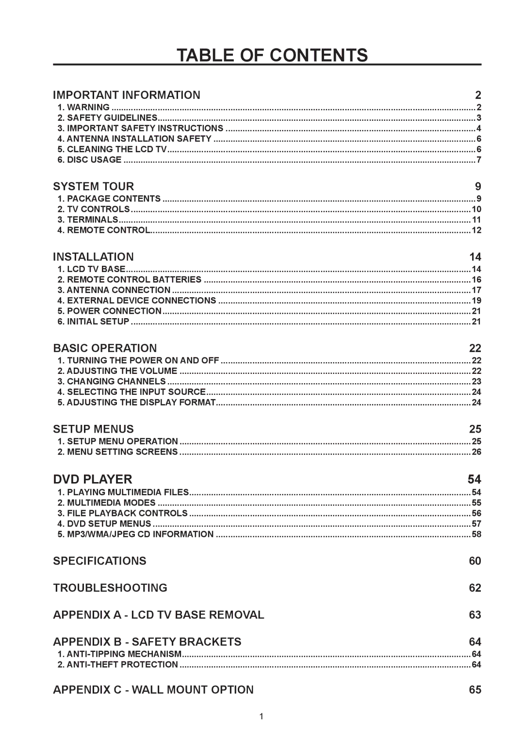 Westinghouse SK-26H570D, SK-32H570D user manual Table of Contents 