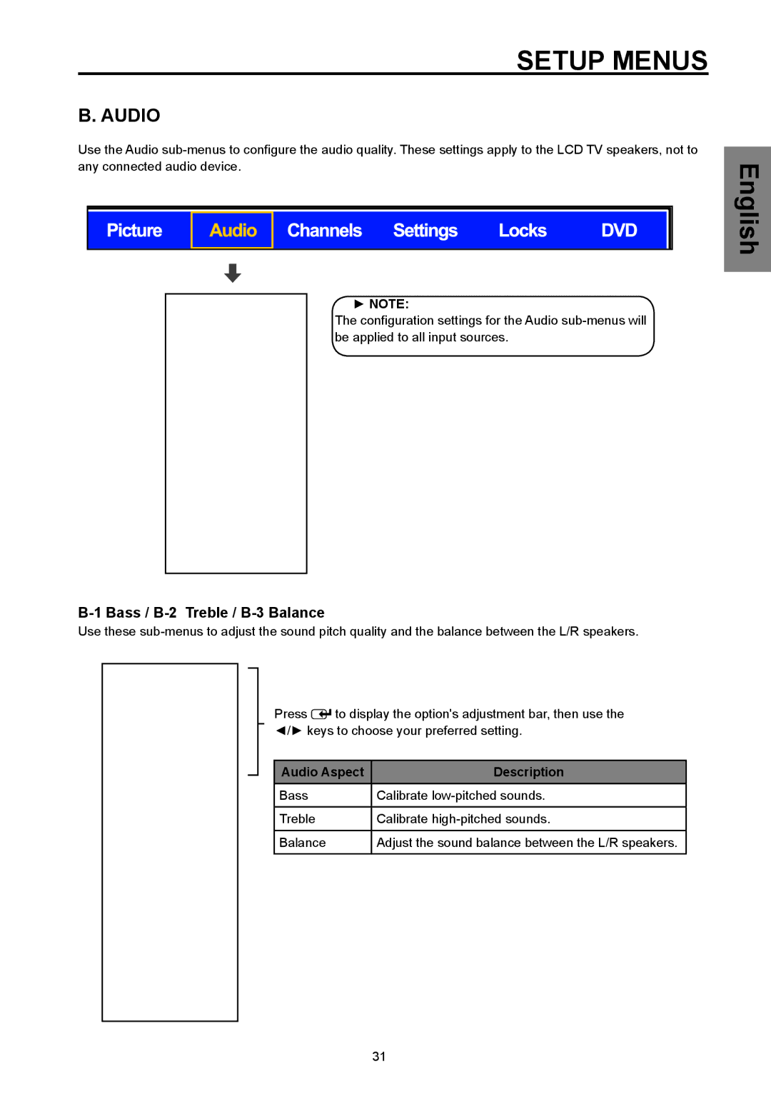 Westinghouse SK-26H570D, SK-32H570D user manual Bass / B-2 Treble / B-3 Balance, Audio Aspect Description 