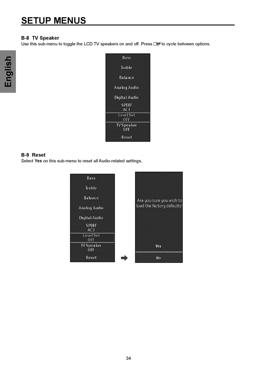 Westinghouse SK-32H570D, SK-26H570D user manual TV Speaker, Reset 