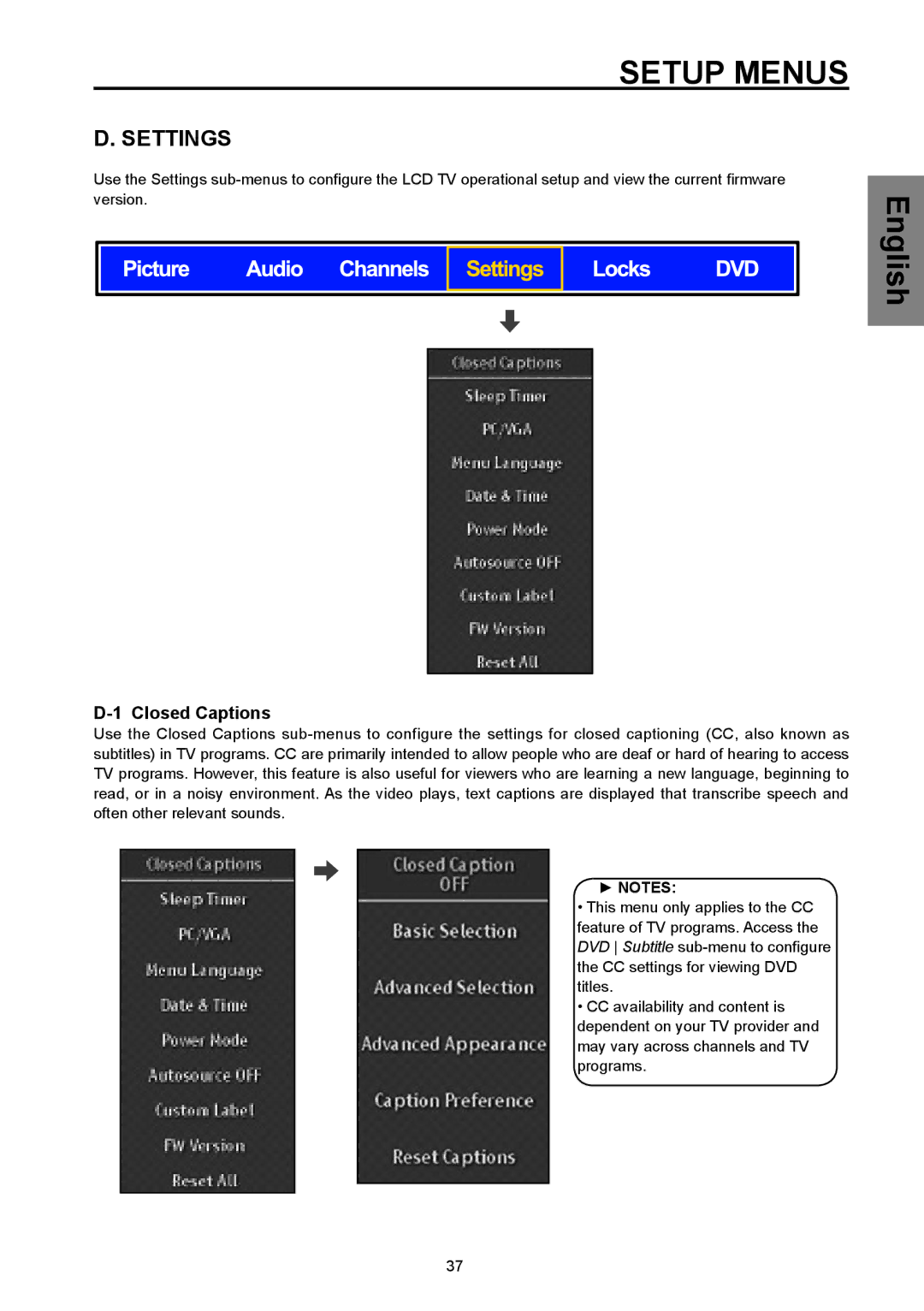 Westinghouse SK-26H570D, SK-32H570D user manual Settings, Closed Captions 