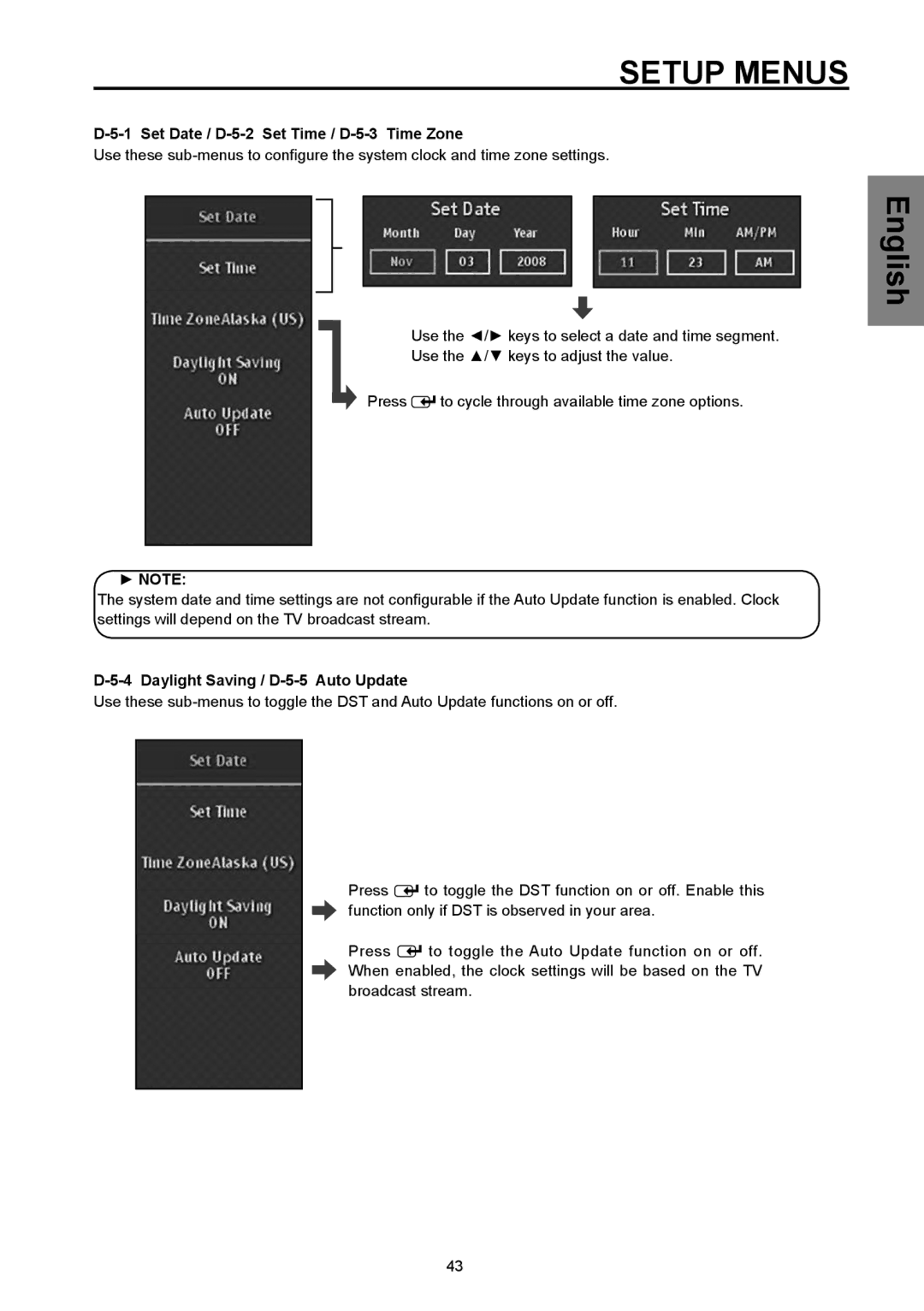 Westinghouse SK-26H570D, SK-32H570D Set Date / D-5-2 Set Time / D-5-3 Time Zone, Daylight Saving / D-5-5 Auto Update 