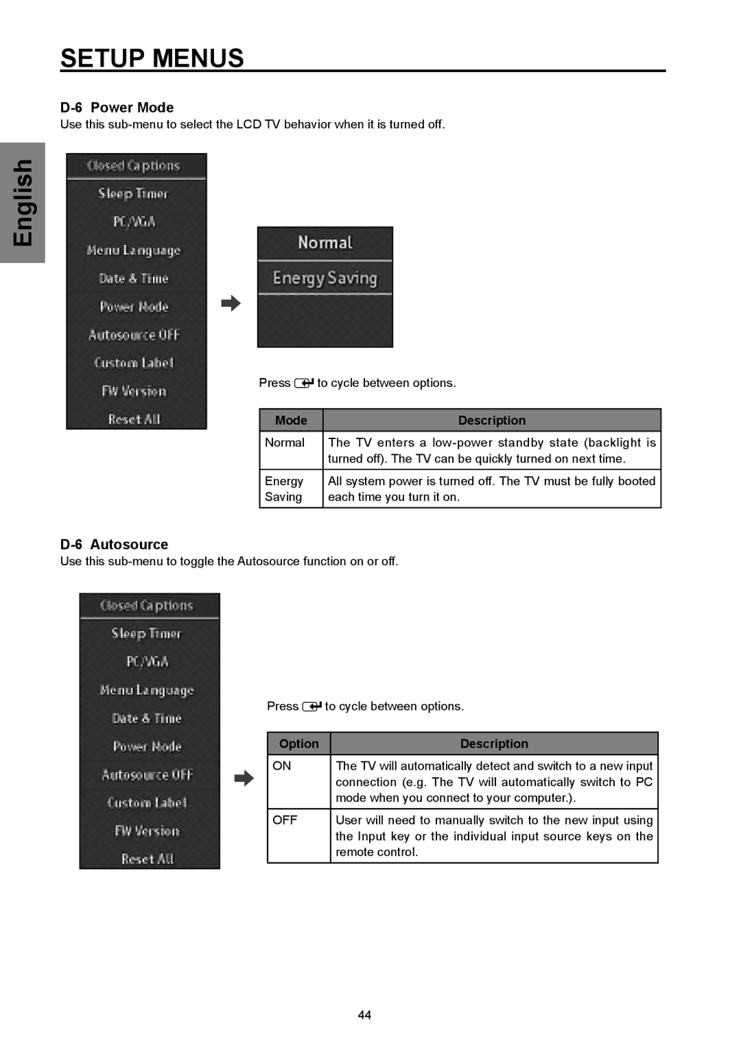 Westinghouse SK-32H570D, SK-26H570D user manual Power Mode, Autosource, Mode Description 