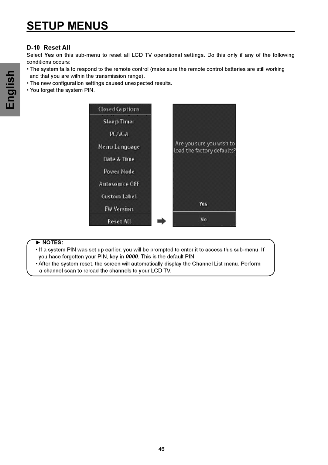 Westinghouse SK-32H570D, SK-26H570D user manual Reset All 