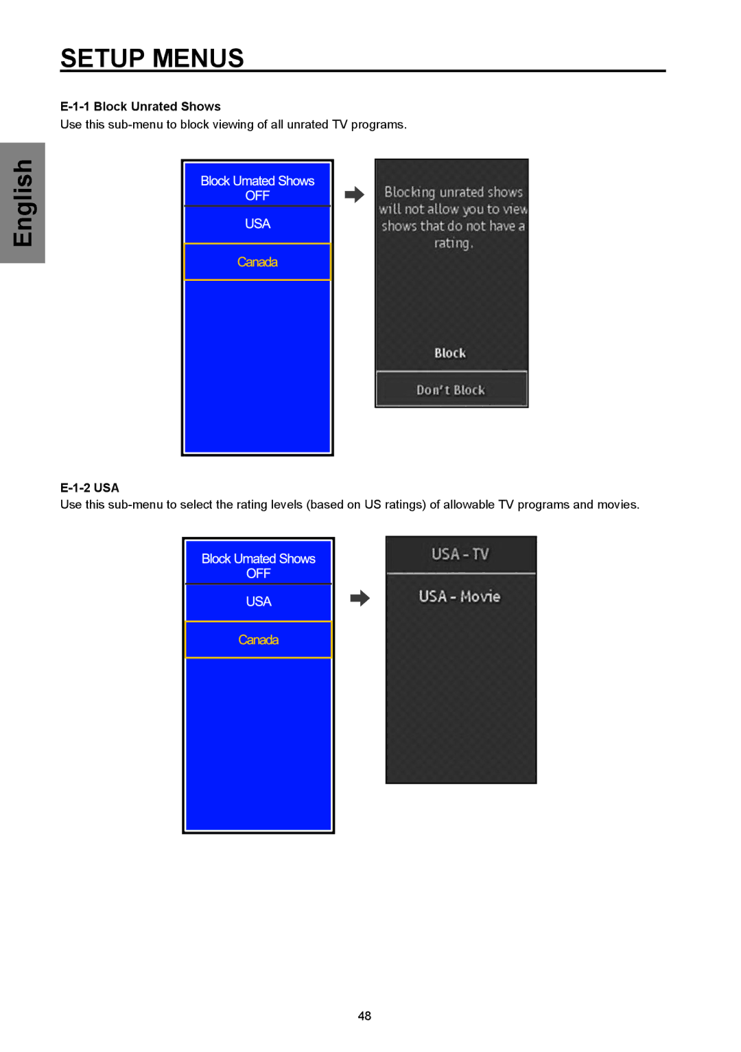 Westinghouse SK-32H570D, SK-26H570D user manual Block Unrated Shows, 2 USA 