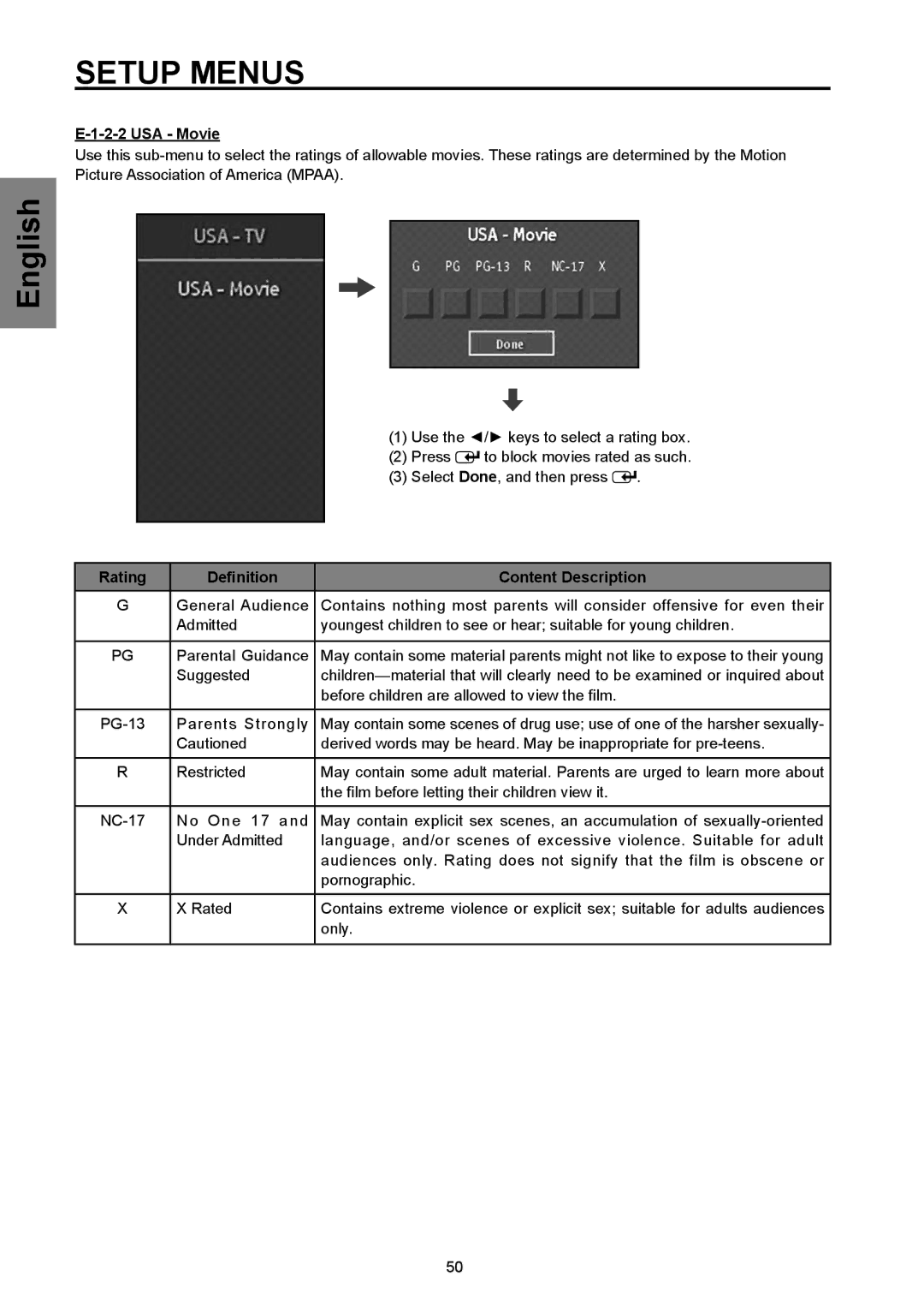 Westinghouse SK-32H570D, SK-26H570D user manual USA Movie, Definition Content Description 