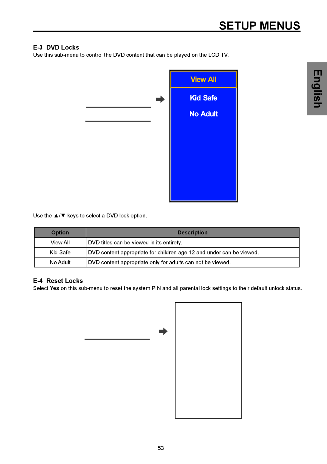 Westinghouse SK-26H570D, SK-32H570D user manual DVD Locks, Reset Locks 