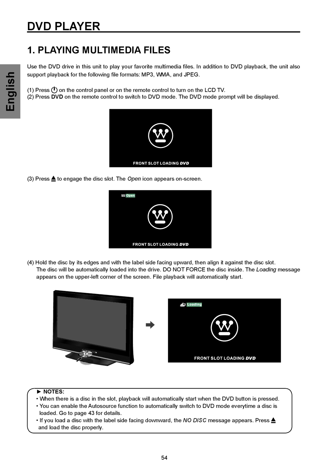 Westinghouse SK-32H570D, SK-26H570D user manual DVD Player, Playing Multimedia Files 