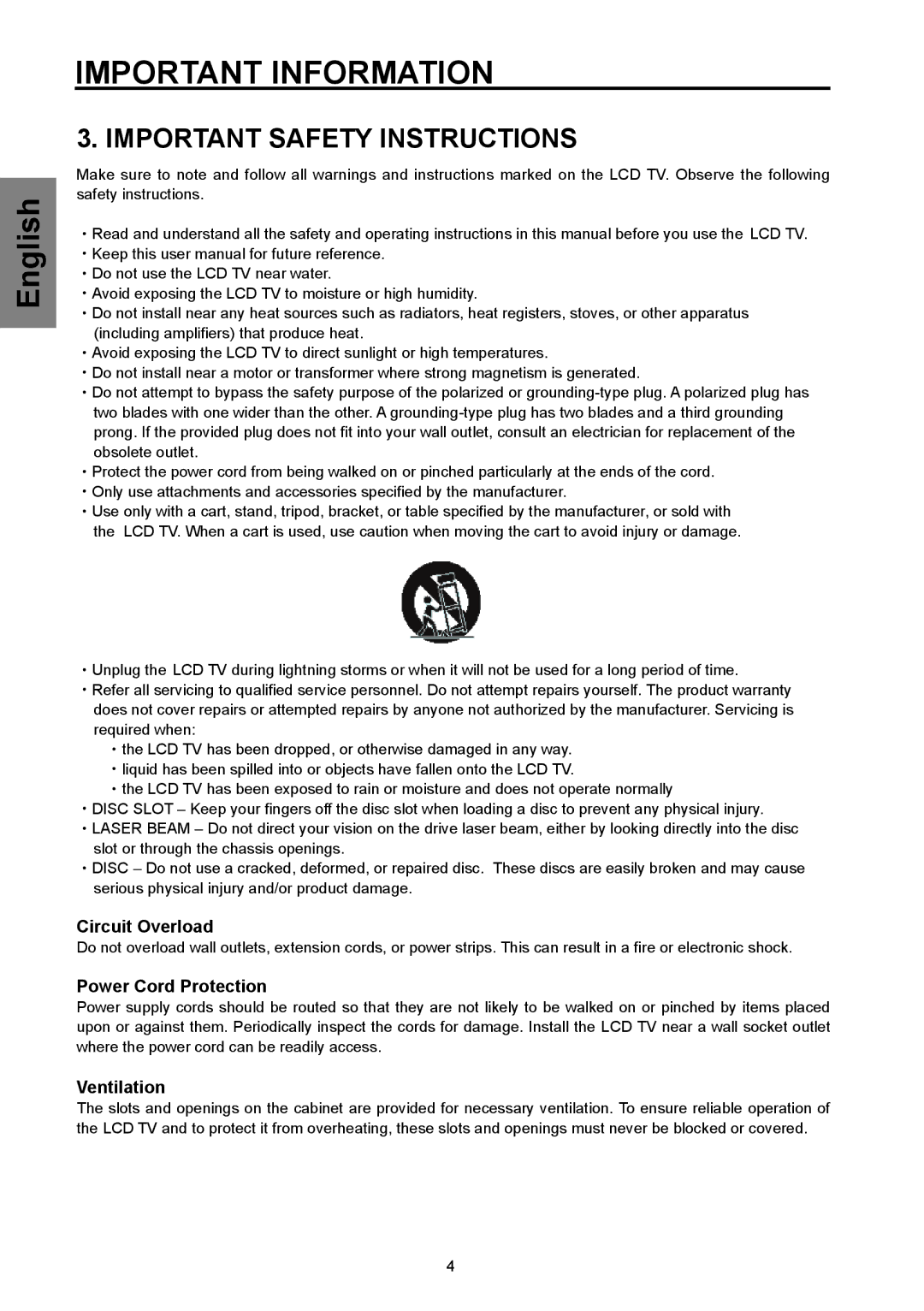 Westinghouse SK-32H570D, SK-26H570D Important Safety Instructions, Circuit Overload, Power Cord Protection, Ventilation 