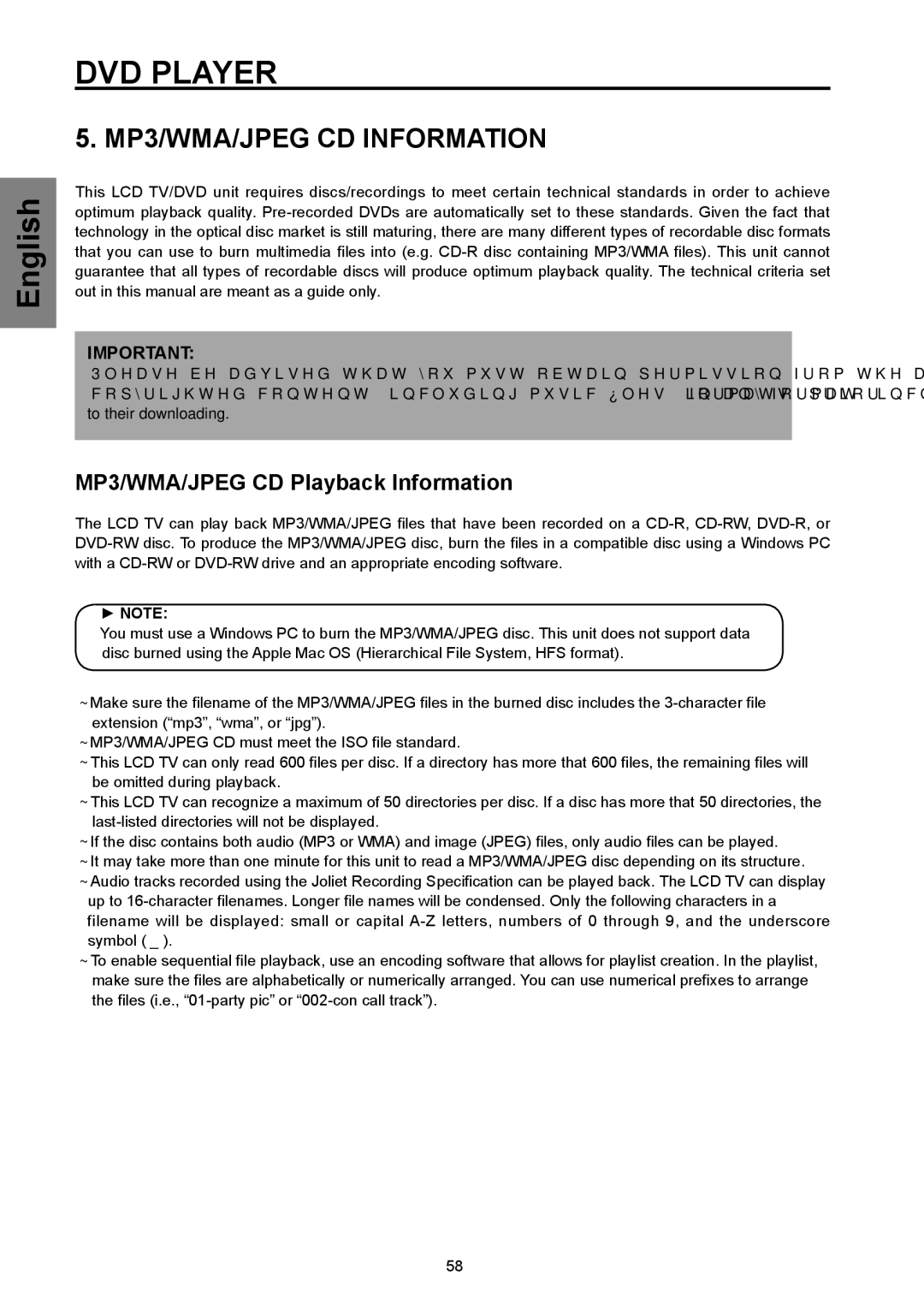 Westinghouse SK-32H570D, SK-26H570D user manual MP3/WMA/JPEG CD Information, MP3/WMA/JPEG CD Playback Information 